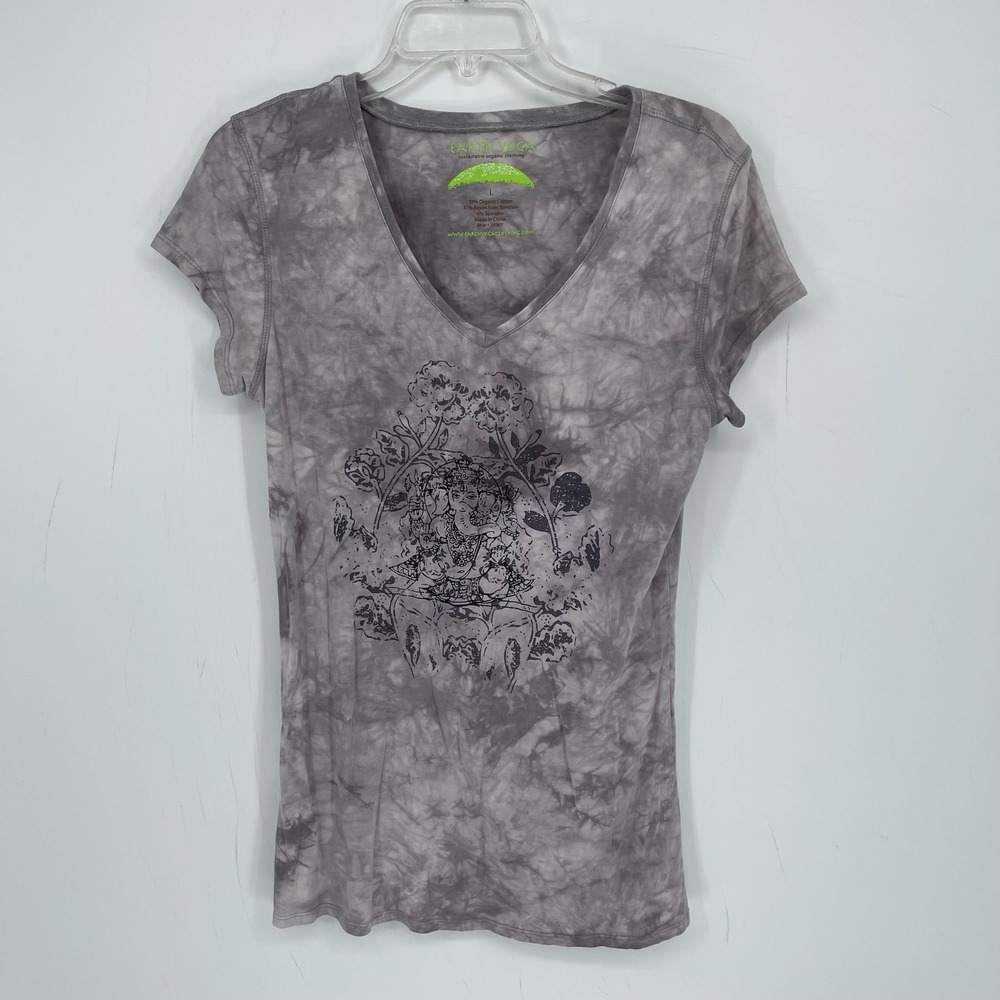 Earth Yoga Women's Gray Ganesha Tie Dye V-Neck Tee Size Large